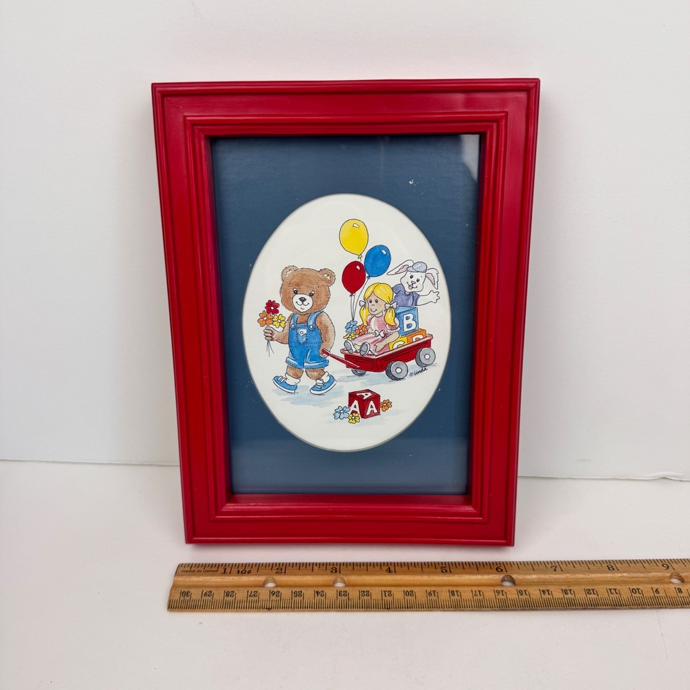 Vtg plastic red frame baby nursery teddy bear blocks balloons oval image READ
